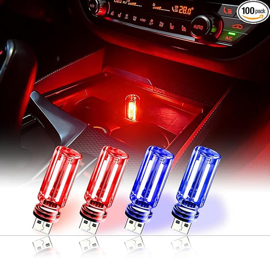 4 Pack USB Ambient Light Set,Mini Vintage Glass USB Night Lights with Touch Control & Dimmable, Plug in Car Interior Atmosphere Lamp for Bedroom,Laptop,Portable Mood Lighting(2 Red 2 Blue)