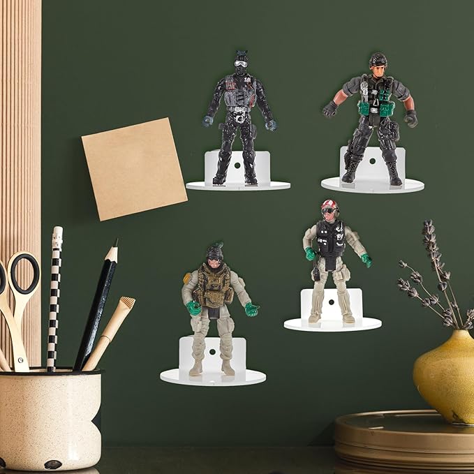Juexica 24 Pcs White Acrylic Floating Action Figure Wall Shelves 3 Inch Wall Display Shelf for Collectibles Display Ledges Stand Holder Tiny Mount Storage Organizer for Toys Action Figure Case