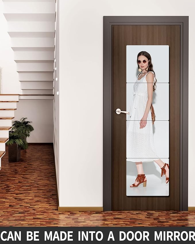 Unbreakable Full Length Wall Mirror, 4Pcs 10"x10", Over The Door, Made of Shatterproof Plexiglass Acrylic, Long Mirrors for Bedroom Closet, Workout for Home Gym, Full Body Mirror for Kids