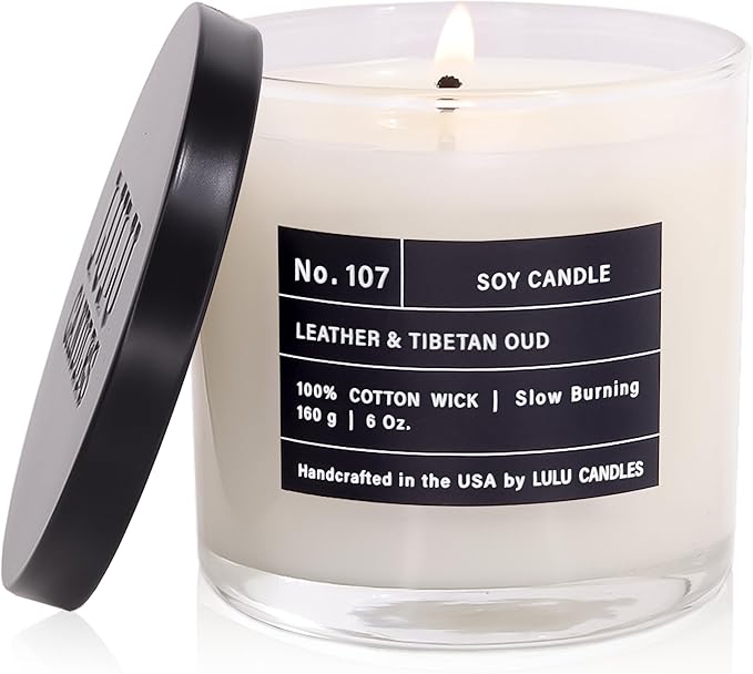 Lulu Candles | Leather & Tibetan Oud | Highly Scented Candles for Home - Soy Blend Jar Candle with 100% Cotton Wick - Slow Burning (6 Oz.)