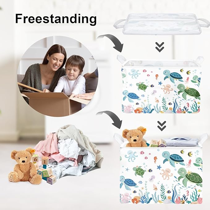 Clastyle Adorable Ocean Animals Kids Book Storage Basket Sea Turtle Clothes Laundry Basket Parents Gift Toy Box for Bedroom Shower, Green Turtle, 40x30x30 cm