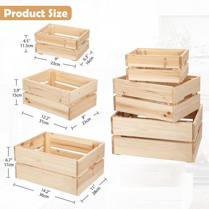 Oairse Set of 3 Rustic Wooden Storage Crates - Vintage Wood Storage Boxes with Handle for Home Organization Wooden Container Boxes Wood Baskets for Display Kitchen Pantry Cabinet, Shelf, Counter