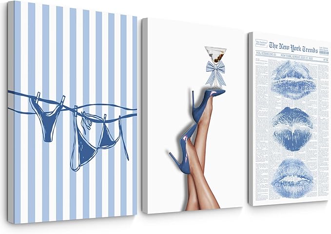 Blue Coquette Wall Art Decor Preppy Trendy Aesthetic Posters Funky Retro Y2k Canvas Wall Art Decor Blue Bow Bikini Lips Prints Girly Room Artwork for Dorm Bedroom 12x16 Inch Wrapped Canvas Set of 3