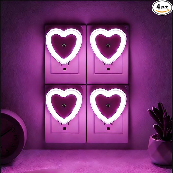 LED Night Lights Plug in(4-Pack), Dusk to Dawn Sensor Auto-On/Off, Cute Nightlight Heart Shaped 0.5W for Bedroom, Bathroom, Kids Room, Nursery, Hallway (Pink)
