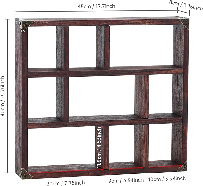 17.7x15.7-Inch Shadow Box Shelf 9-Slot Rustic Floating Shelves Larger Wall Mounted Shelf Lightweight Solid Wood Display Shelf Freestanding Farmhouse(Set of 2,9C-Rustic Walnut)