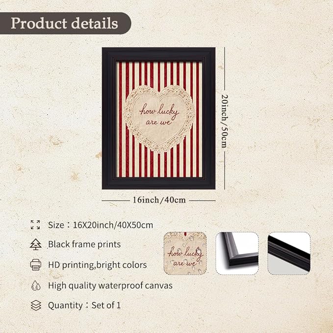 How Lucky Are We Wall Art Red Stripe Affirmation Quotes Poster Coquette Love Lace Heart Canvas Print Fashion Preppy Aesthetic Wall Decor Valentines Day Couple Gift 16X20 inch Vintage Framed