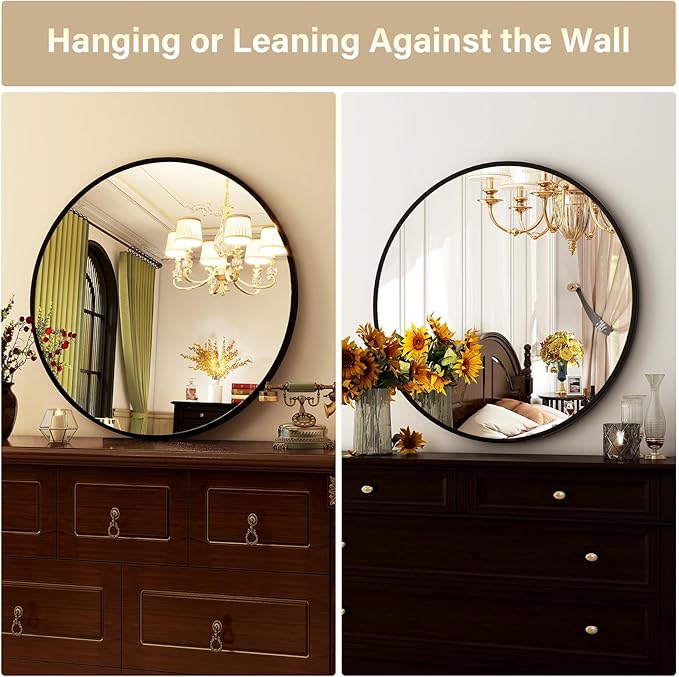 HARRITPURE Round Mirror 24 Black Wall Mounted Circle Mirrors Vanity Mirror with Brushed Aluminum Alloy Frame Modern Decoration for Bathroom, Living Room, Vanity, Bedroom, Entryway