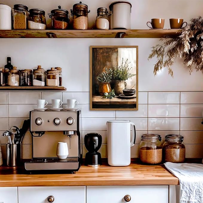 Framed Vintage Kitchen Wall Art, Rustic Herbs Pictures Wall Decor Paintings, Farmhouse Cottagecore Botanical Canvas Prints Moody Home Decor Aesthetic for Dining Room Living Room 12x16 inch