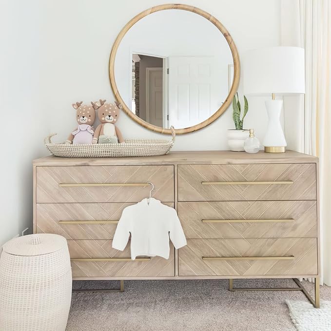 sawsile Round Wood Mirror 24" Natural Circle Wooden Nursery Farmhouse Rustic Decorative Large Wall Mirror for Bathroom,Living Room, Fireplace,Hallway