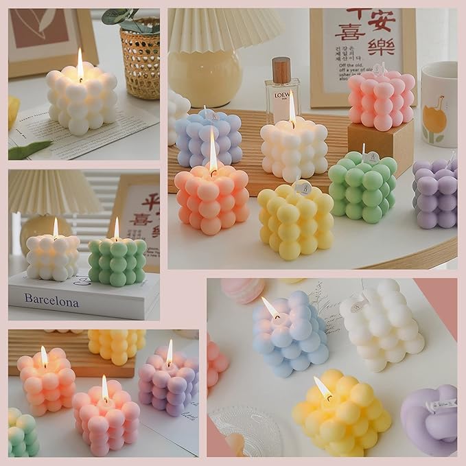 Scented Bubble Cube Candles for Home, Scented, 5.4 oz Soy Wax Aromatherapy Candle, Aesthetic Room Decor Cute Danish Pastel Large Decorative Shaped Candles Gifts - Freesia(White)