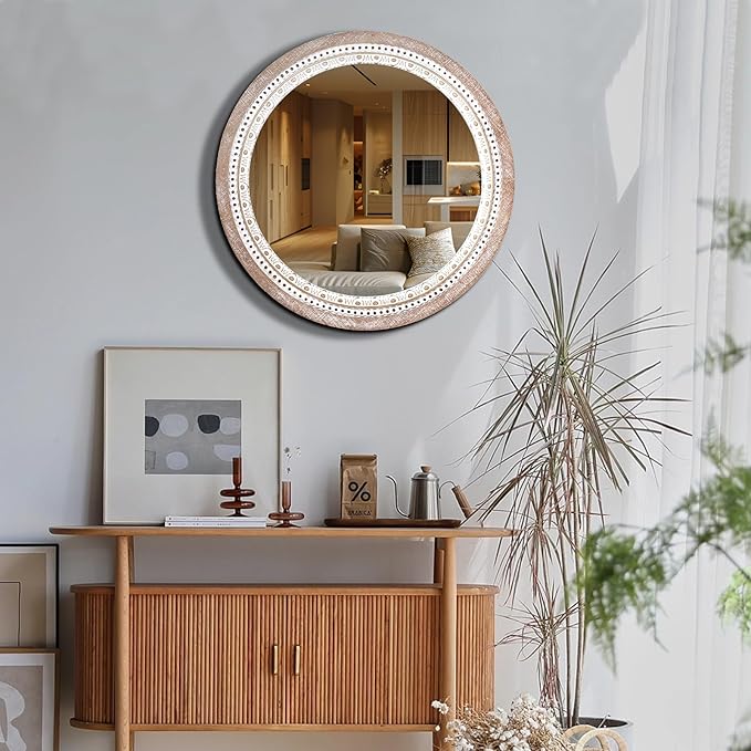 Reflinto 30 Inch Rustic Farmhouse Round Wood Mirror Wall Decor, Boho Circle Decorative Mirrors for Bathroom Over Sink, Bedroom, Living Room, Entryway, Foyer
