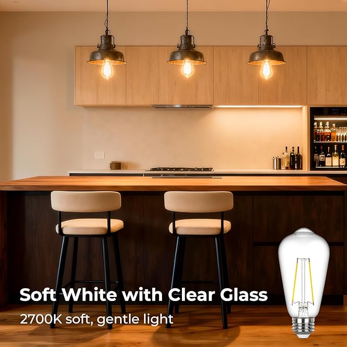 Sigalux Edison Light Bulbs 60 watt Equivalent, E26 LED Bulb Dimmable, Soft White 2700K, Clear Glass ST58 Vintage Light Bulb, 80+ CRI, 700LM, E26 Base, 6 Pack