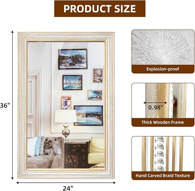 Reflinto 36x24 Inch Rustic Farmhouse Rectangular Wall Mirror, Wooden Rectangle Decorative Mirrors for Bathroom Over Sink, Living Room, Entryway, Foyer - Horizontal/Vertical Mount