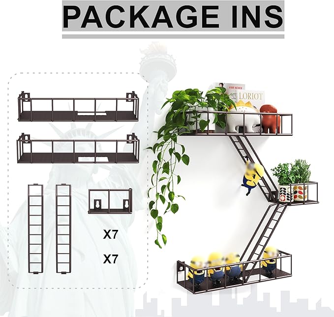 Fire Escape Shelf - 3 Tier Metal Coffe Fire Escape Wall Shelves with Baskets, New York Action Figurine Display Shelf, Unique Rustic Floating Decorative Wall Shelves for Any Room