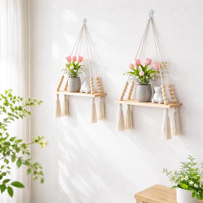 Artilady 2 Pack Wooden Wall Hanging Shelves - Macrame Hanging Plant Shelf with Tassel,Boho Storage Floating Shelves Handmade Rustic Hanger Planter Rack Pot Stand Holder