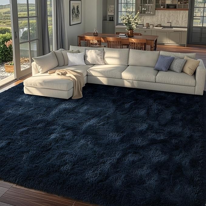 8x10 Area Rugs for Living Room Fluffy Blue,Plush Soft Navy Blue Shag Carpet for Living Room Boys Book Room Nursery Kids Playroom Dorm Decor