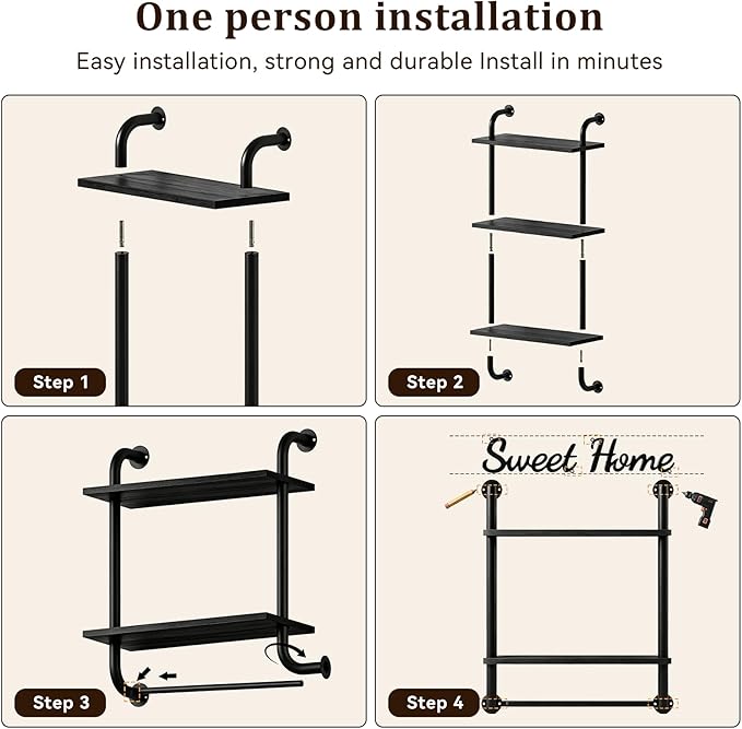 Tinpin Bathroom Shelves Wall Mounted, Rustic Farmhouse Pipe Shelves, Walls Shelf 3-Tier, Industrial Pipe Shelving, Floating Shelf Wall Decor for Bathroom, Kitchen, Bedroom, Living Room 17.3in Black