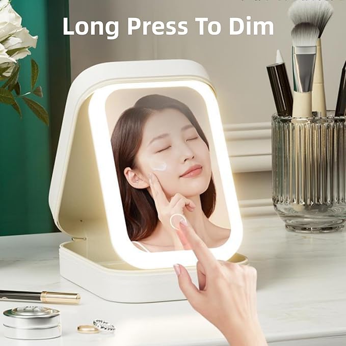 CRIVERY LED Three-Color Adjustable Makeup Mirror, Travel Portable Rechargeable Makeup Organizer with Led Lights, Waterproof Vanity Mirror Jewelry Box with Zipper, Multi-Compartment Storage (White)