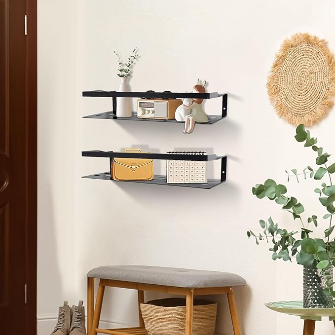 Uten Floating Shelves, Wall Mounted Iron Shelves Set of 2, Bathroom Storage Iron Shelves with Towel Rack, Wall Hanging Organizer Decor Shelf for Bathroom, Kitchen, Bedroom, Living Room