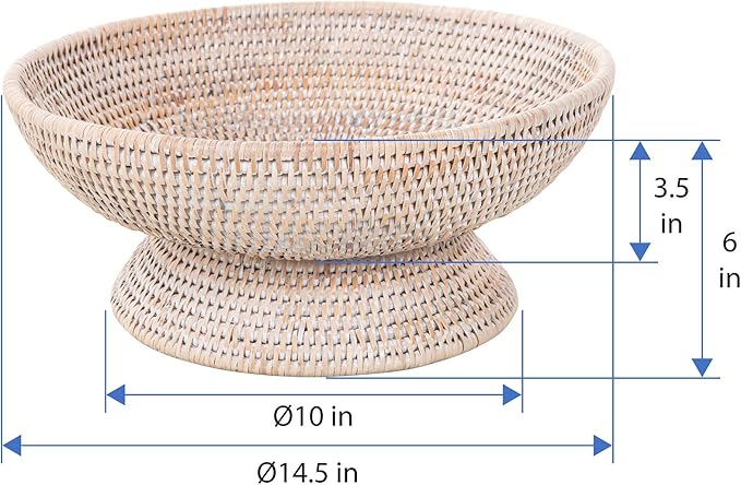 KOUBOO La Joll Rattan Fruit Bowl, Hand Woven Food Fruit Vegetable Bowl, Wicker Storage Basket, Wicker Fruit Bowl for Kitchen Counter, Large, white wash
