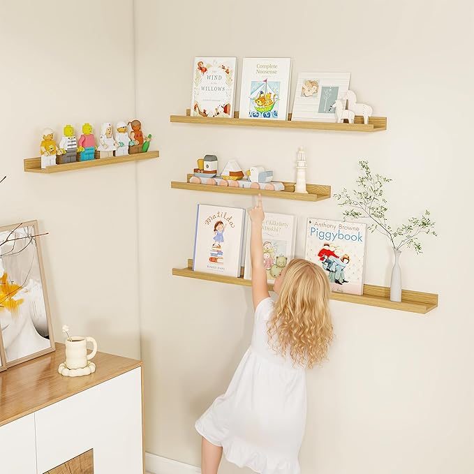 Fun Memories Picture Ledge Shelf, Floating Shelves Set of 4, 32 Inch Picture Shelves for Wall with Ledge, Large Nursery Book Shelf for Toys Storage, Living Room, Bedroom Decor Frames, Oak