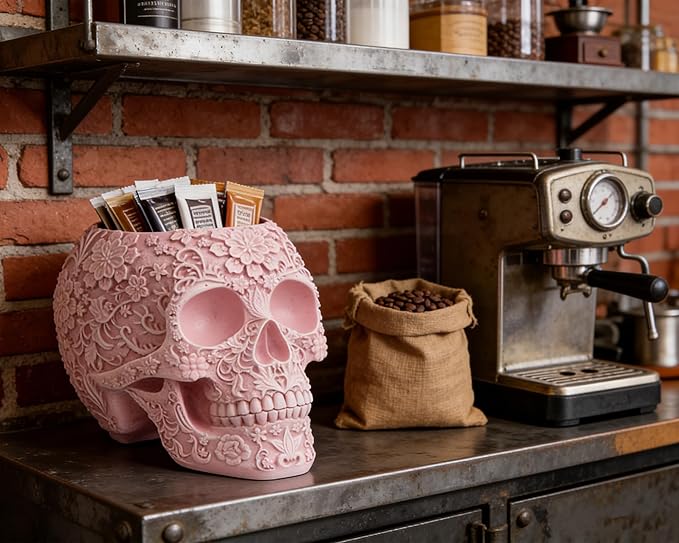 Skull Bowl Decorative Skull Vase Makeup Brush Pen Holder Organizer Dresser Gothic Table Organizer Decoration, Pink Skull Pot Enthusiasts Gifts