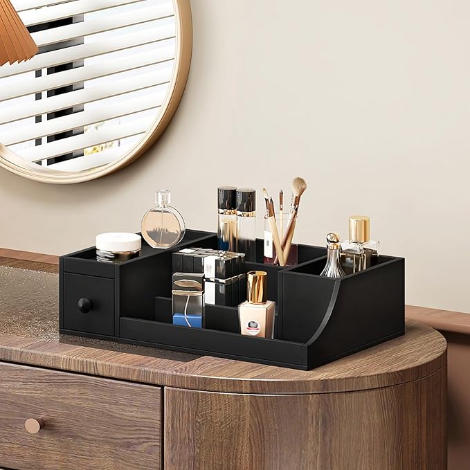 HOOBRO Cologne Organizer for Men, 3 Tier Bamboo Perfume Organizer with Velvet-Lined Drawer and Hidden Compartment, Wooden Perfume Display Holder, Ideal Gift for Boyfriend, Dad, Black BK29CJ01