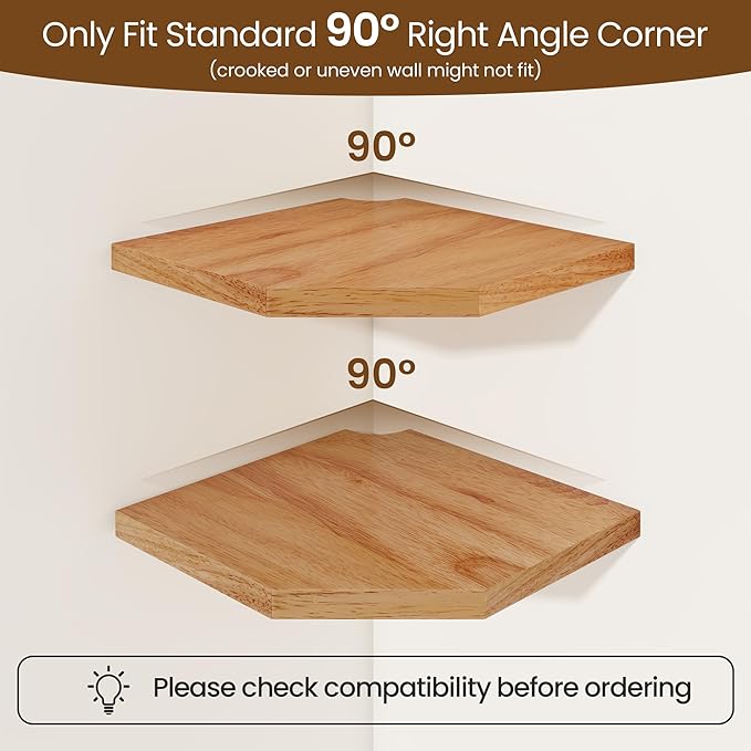 Fun Memories Corner Shelf Wall Mount Set of 2 - Solid Oak Wood Floating Corner Shelf with Cable Hole, 10in Rustic Design for Bedroom, Living Room, Kitchen (Natural)