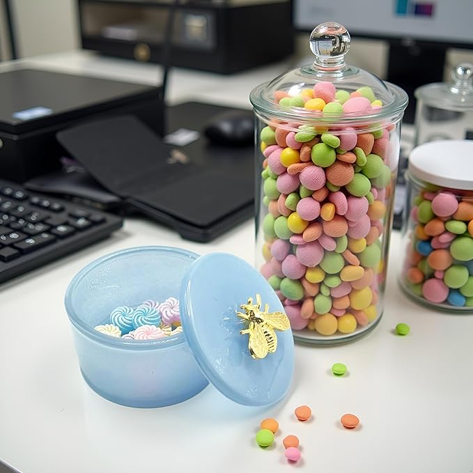 Cute Glass Candy Box - Glass Jar with Lids for Storage Candy Cookie, Vintage Candy Jar Candy Dish for Office Desk Buffet,3.15x3.15x2.28 H IN-GRB019-Blue