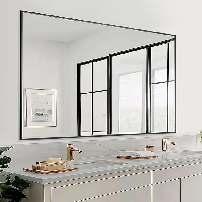 Antok 60x36 Black Metal Framed Bathroom Mirror, Wall Mirror with Rect Corners, Vanity Mirror for Over Sink, Anti-Rust Tempered Glass, Horizontal/Vertical Hanging for Bathroom, Living Room, Entryway