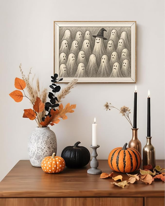 VIYYIEA Framed Wall Art for Living Room, Ghost Meeting Canvas Prints, Occult Home Decor, Halloween Painting Picture, Bathroom Wall Decor Gifts for Friends or Family - 16L x 12W