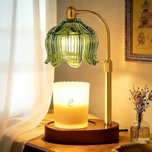 Adjustable Flower Candle Warmer Lamp with Timer, Lotus Tulip Glass Warmer Light for Jar Candles, Electric Wax Warming Melter, Gifts for Women Mom, Vintage Bedroom Decor (Green)