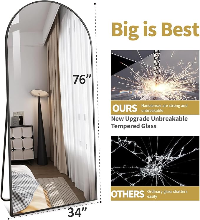 DMWOODFL 76x34 Inch Arched Full Length Mirror with Stand, Floor Standing & Wall Mounted Body Mirror, Aluminum Frame for Bedroom, Living Room, Cloakroom, Black