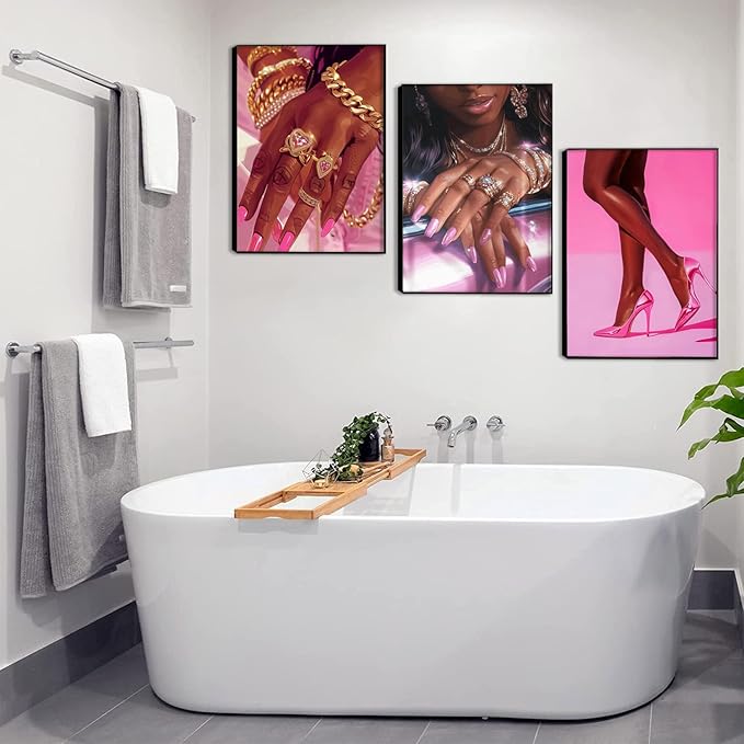 Pink Fashion Black Girl Canvas Wall Art Set of 3 African American Black Woman Posters Wall Decor Fashion Black Woman Pictures Prints for Living Room Bedroom Artwork Home Decoration 12x16Inch Unframed