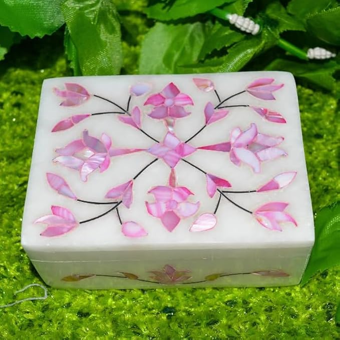 Marble Inlay Jewelry Box 4x3inch Floral Mother of Pearl Inlay Handmade Makeup Organizer Trinket Box - Alabaster Shiny Decorative Marble Ring Box Inlay Art Unique Art Great Birthday Gift, Women Gift