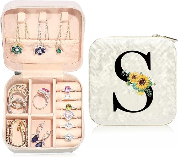 Sunflower Jewelry Case,Sunflower Gifts for Women,Initial S Travel Jewelry Box,Valentine's Day Gift Easter Personalized Gifts for Teen,Mom,Wife,Bridesmaids,21st Birthday Gift for Her