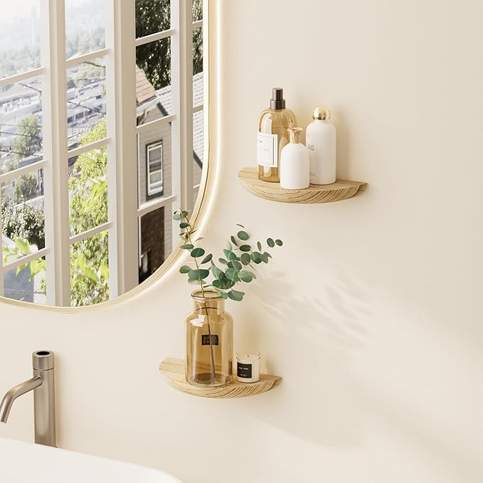 QsQueen Solid Wood Half Round Floating Wall Shelves | Elegant Floating Shelves, Elevate Your Space. Perfect for Living Rooms, Bathrooms, Bedrooms, Offices, Children's Rooms