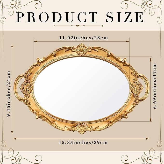 Reallnaive 2 Pcs Vintage Mirror Tray 15.3 x 9.45 Inch Decorative Antique Framed Mirror for Makeup Perfume Jewelry Organizer Serving Tray(Gold,Ornate)