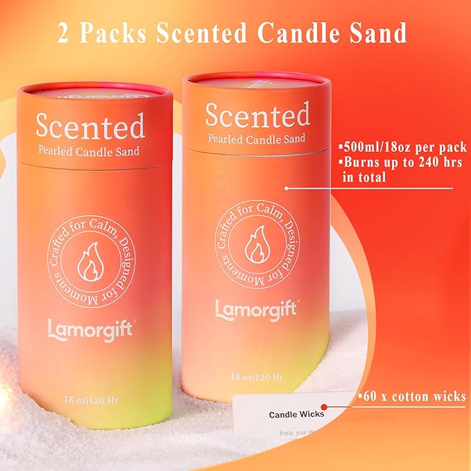 36oz Scented Candle Sand Wax, Sandalwood& Jasmine- 2 Tubes Scented Pearled Candles with 240 Hr+ Long Burning Time, Refillable Powder Candle Beads with 30 Wicks for Home Decor/ Holiday Gift/ Relaxation