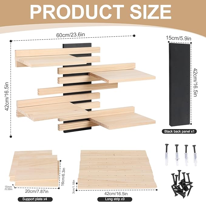 4-Tier Adjustable Wooden Floating Shelf Space-Saving Wall Mounted Shelf with Multiple Customizable Layouts Display Rack for Figurines Doll Small Plant Statue Wall Organizer for Living Room Bedroom