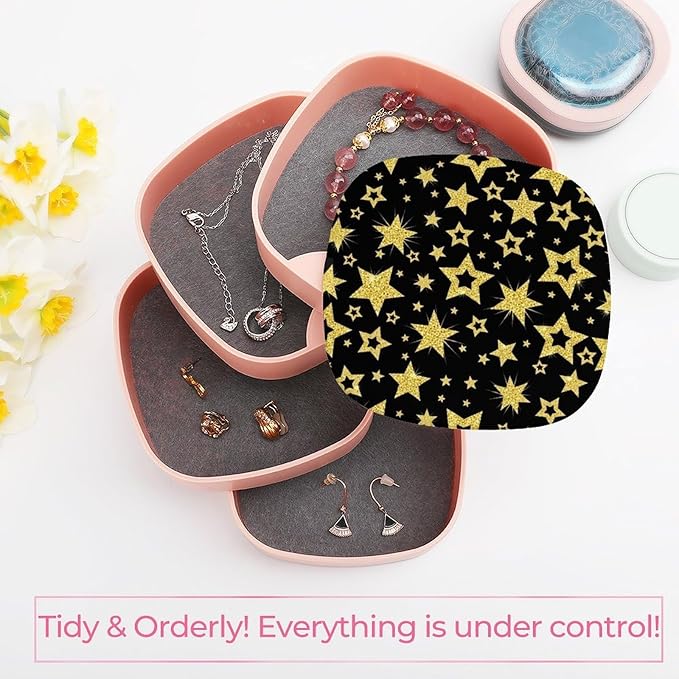 Earring Storage Box Organizer Jewelry Box Holder for Women 4-Layer Rotating Travel Jewelry Case (Black And Gold Stars Printed)