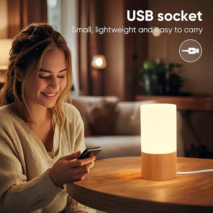 YIEONSHION Creative Wooden LED Desk Lamp, Dimmable Bedside Night Light for Bedroom, Warm Ambient Lighting Table Lamp, Modern Home Décor Accent Light, Unique Housewarming Gift