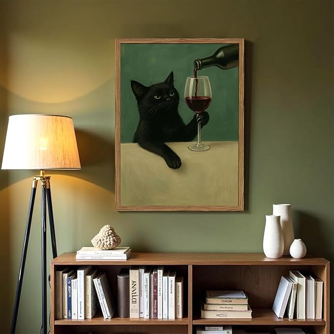 Funny Black Cat Wall Art Moody Black Cat with Wine Glass Wall Decor Whimsical Animal Bar Cart Poster Canvas Prints for Living Room Bedroom 12x16 inch Wood Framed