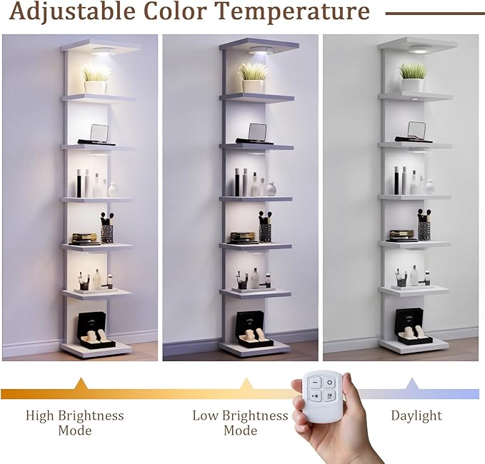 Pinkunn 2 Pack 7-Tier LED Floating Wall Shelf with Remote, 77in Tall Adjustable Lighting Wall Shelf Unit, Vertical Storage Display Organizer Floating Rack for Bedroom, Living Room, No Battery(White)