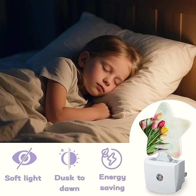 Colorful Tulips Nightlights Plug in Wall,Decorative Star Lamp with Automatic Lighting for Living Space,Gentle Glow for Kids Room,Hallway,Bathroom