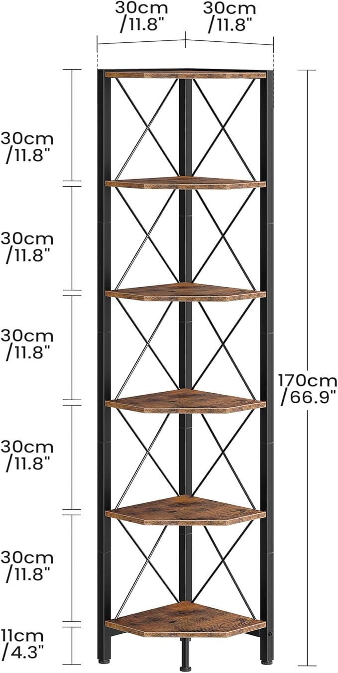 CHOEZON 6-Tier Corner Shelf, Corner Bookcase, 66.9" Tall Vertical Display Rack, Plant Stand, Open Storage Shelf, for Living Room, Bedroom, Study, Kitchen, Rustic Brown and Black TCJ13BF