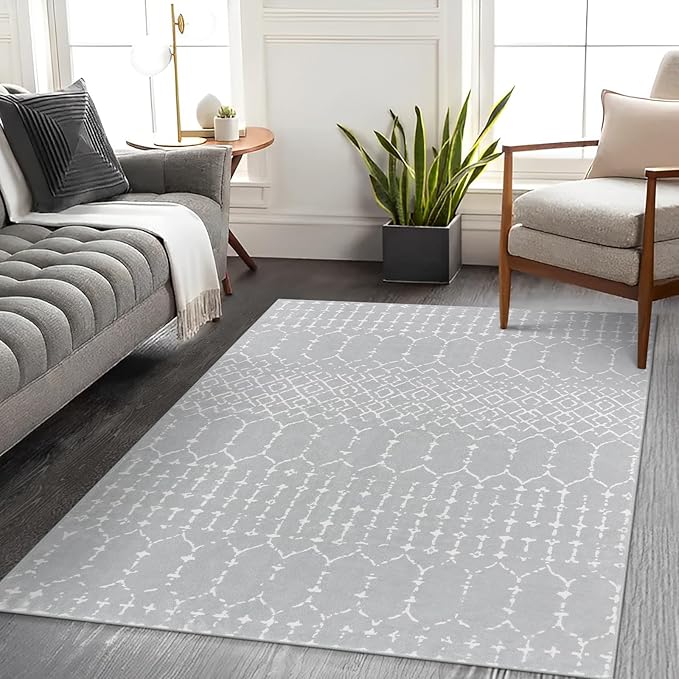 Lahome Moroccan Washable Living Room Area Rug 3x5 Small Rugs for Bedroom Throw Non-Slip Low-Pile Entryway Rug Kitchen Rugs Soft Grey Distressed Capet for Office Bathroom Laundry Room Dining Room Hana
