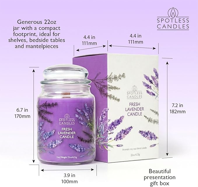 Spotless Leopard Fresh Lavender Candle 22oz Glass Jar with Wooden Wick in a Decorated Jar Within a Presentation Gift Box and Protective Shipping Box