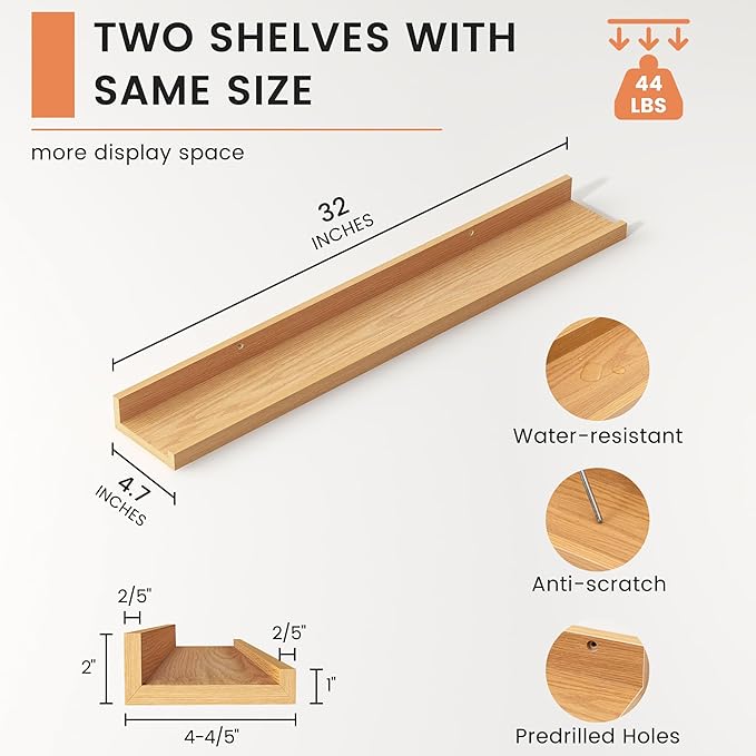 FLYJOE Picture Ledge Shelf, Floating Shelves Set of 2, 32 Inches Nursery Book Shelves for Toys Storage, Kids Bookshelf Wall Mounted for Living Room Bedroom Decor Books Photo Frames, Natural Oak