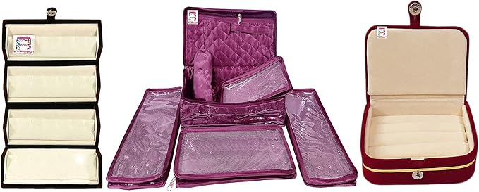 atorakushon Combo Satin Purple Make-Up Pouch Jewellery Box 4 Pouch 1 roll Bangle Bag with Velvet Cream Ring & Earring Folder Jewellery Organizer/Storage Box